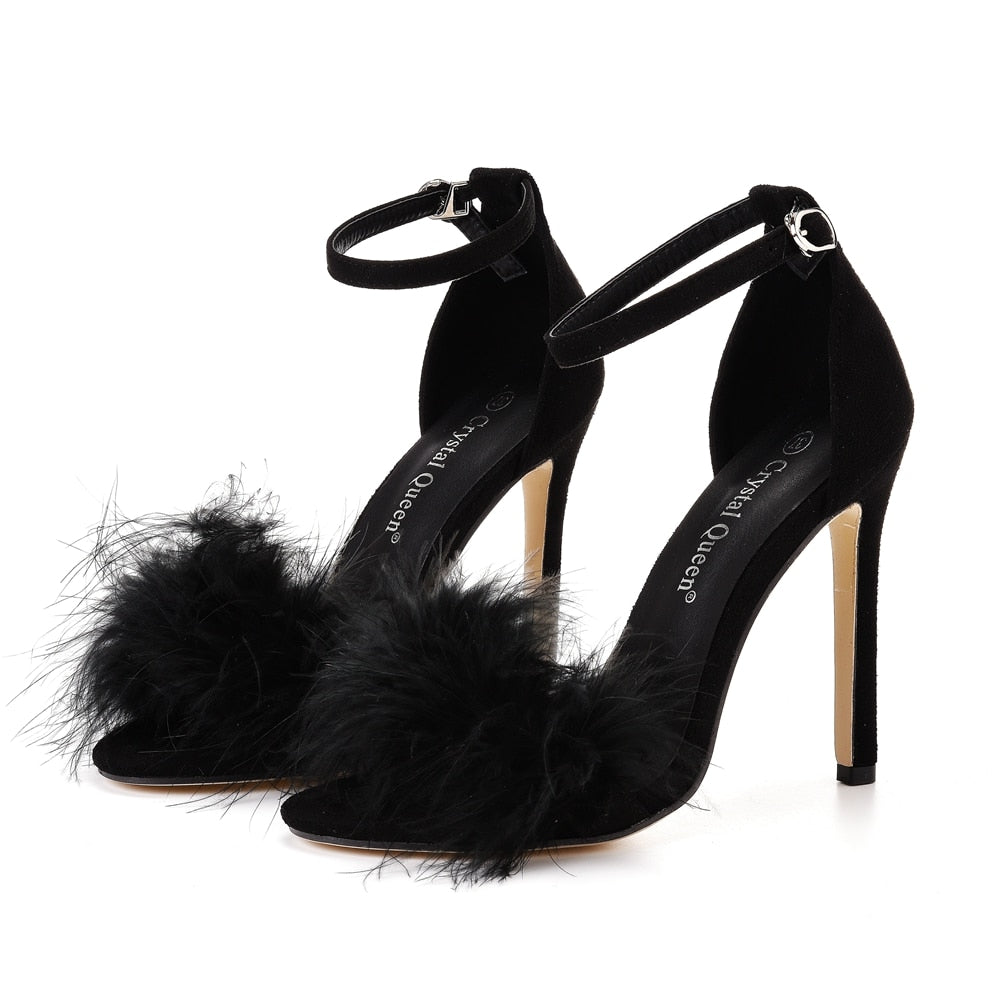 Fluffy Peep Toe Stilettos with Fur Feather